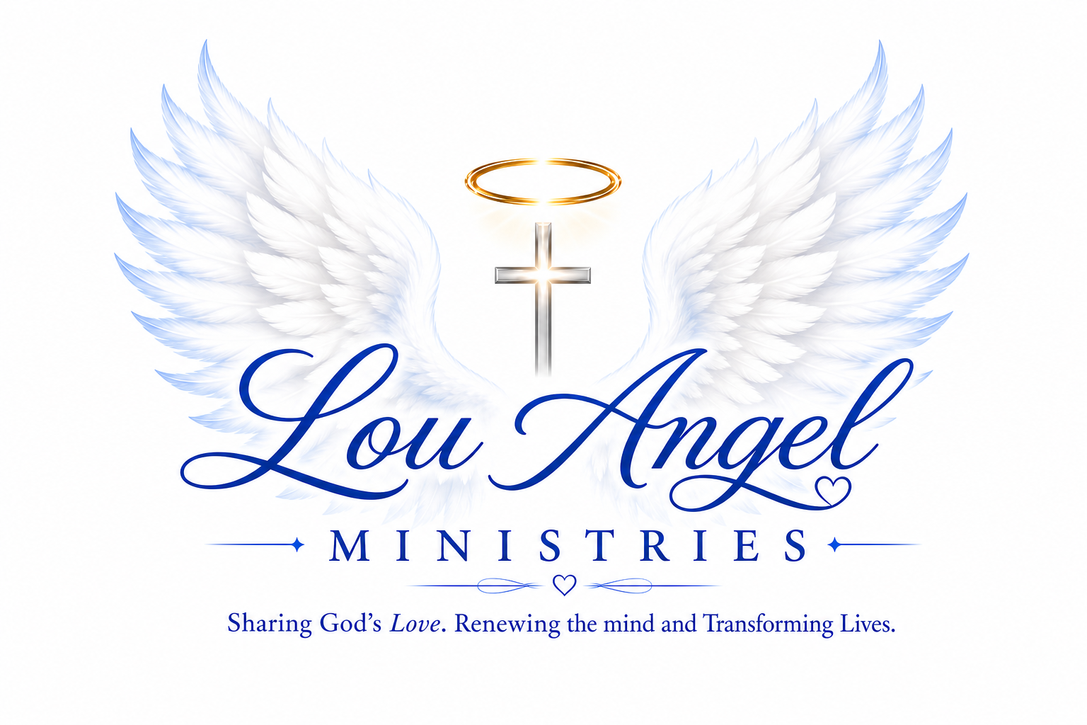 Lou Angel Ministries logo with cross, wings, and halo
